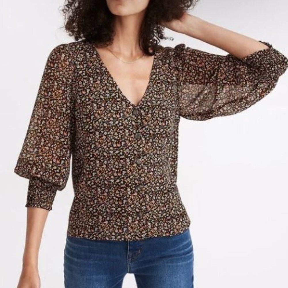 MADEWELL Georgette Smocked Cuff Button Front Top Floral Size 12